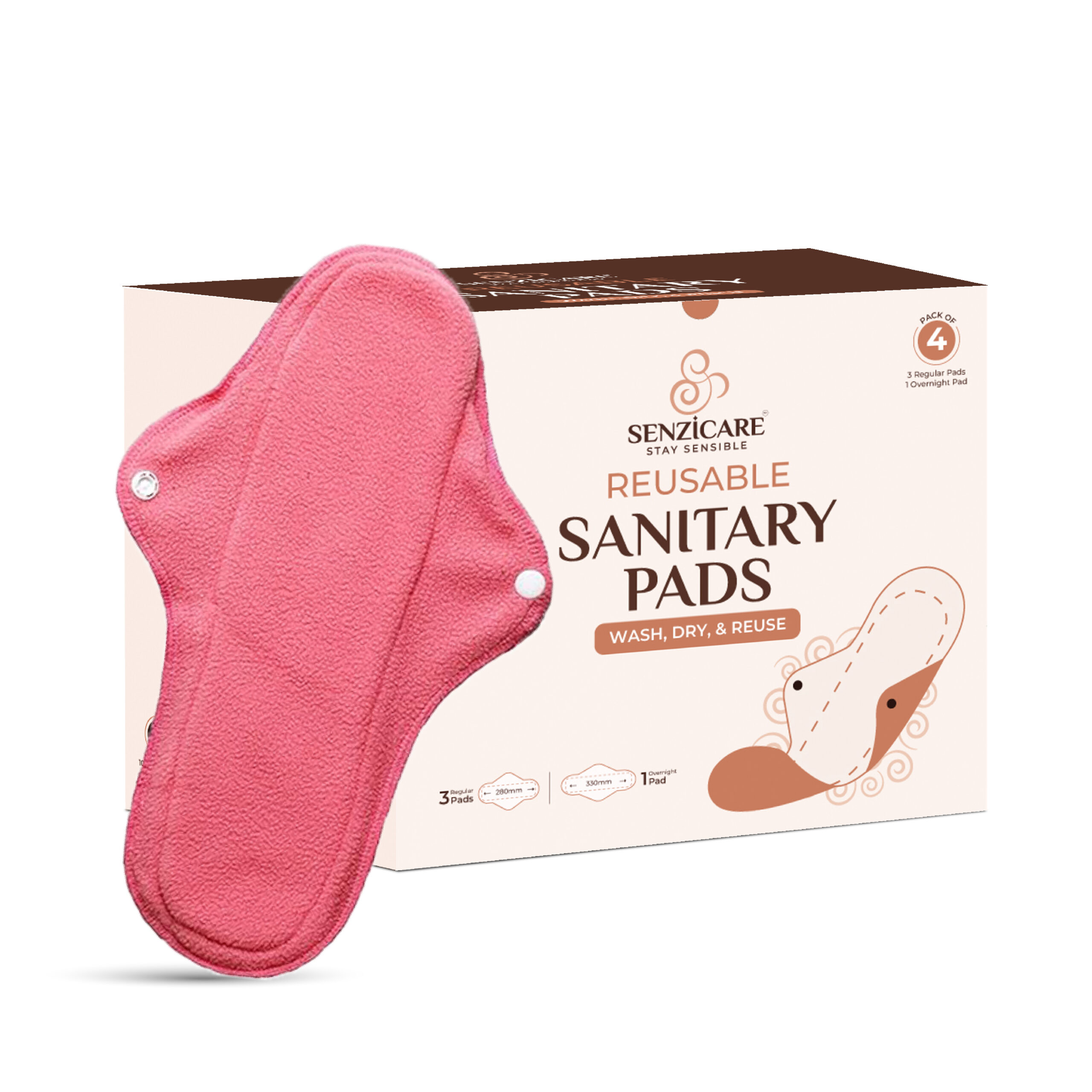 Senzicare Reusable Washable Sanitary Cloth Pads for Women, Anti-Bacterial, Superb Absorbency, Lasts Up To 100 Washes, Skin Friendly